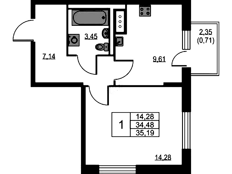 1-комнатная квартира 35.19 м², 5/11 эт., ЖК «Квартал Лаголово»
